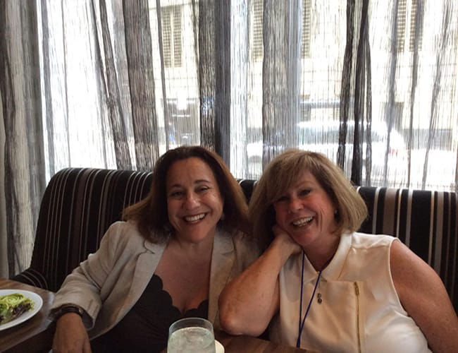 Relaxing at lunch: Prevue Editor Barbara Scofidio and Karin Thompson, senior global travel manager, event planner, ViaSat