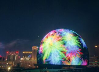 The Sphere Takes Las Vegas: Singular Event Venue Commands the Skyline On July 4, the Sphere in Las Vegas lit up for the first time, transforming the skyline with its 580,000 square foot exterior—said to be the largest LED screen on earth.