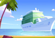 Cartoon of cruise liner moored in tropical island with palm trees and sandy beach.