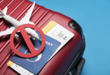 red luggage with passport xed out international business travel
