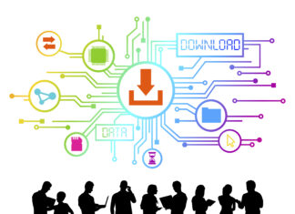 Illustration of business people and technology