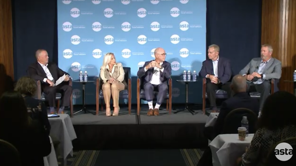 (From left to right): Moderator Lee Thomas – Co-Founder, Nous Travel; Kathy Bedell – SVP, Americas and Affiliate Program, BCD Travel; Alex Eaton – CEO, World Travel Service; Jay Ellenby – President, Safe Harbors; Dave Hershberger – President, Prestige Travel.