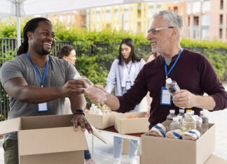 people volunteering at a food bank