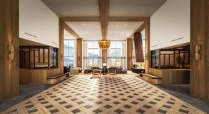 The lobby of the newly re-imagined Rimrock Banff, Emblems Collection
