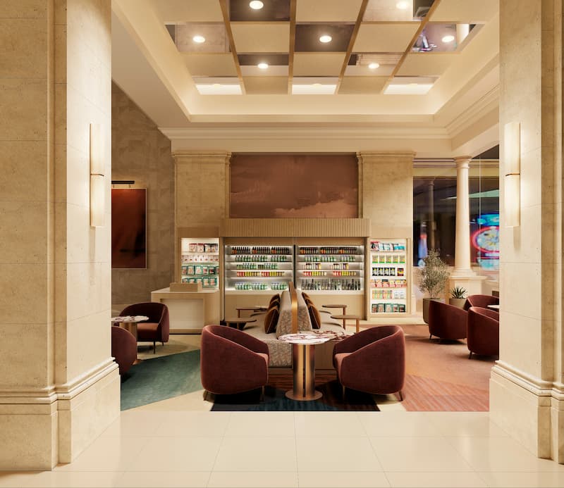 Rendering of the reimagined Borgota Tower lobby, known as the Living Room.