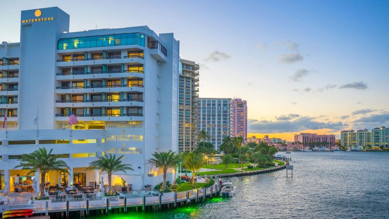 Waterstone Resort & Marina, looking across Lake Boca Raton, with The Boca Raton in the distance.